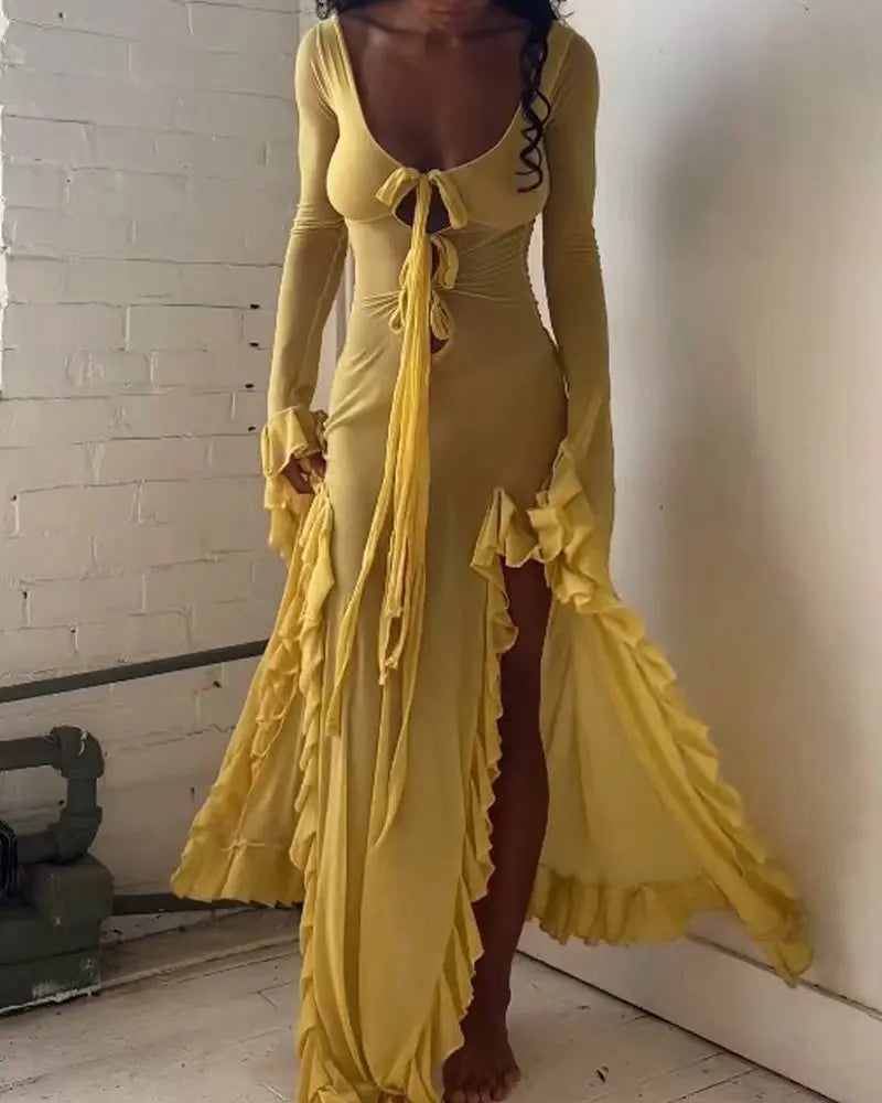 Summer Slim-Fit See-Through V-Neck Long Sleeve Dress