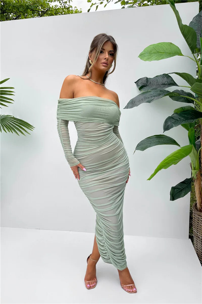Off-shoulder Slash Neck Solid Maxi Dress