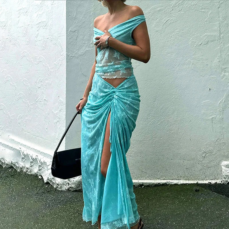 Elegant Summer Lace V-Neck 2-Piece Maxi Skirt Set