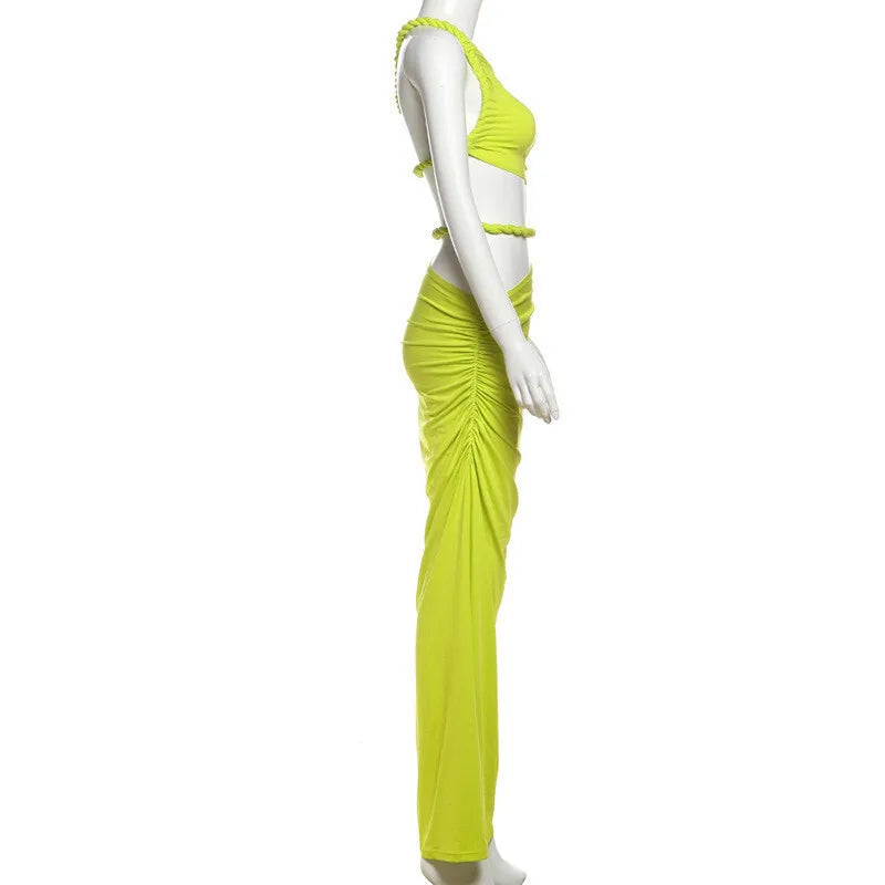 Green Oblique Shoulder Top Thigh High Split Long Skirt Set