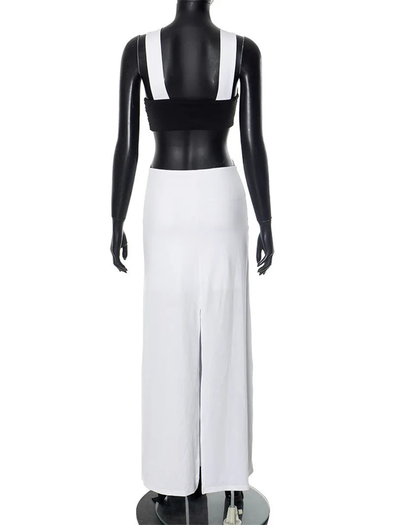 Patchwork Contrast Hollow Out Split Long Dress