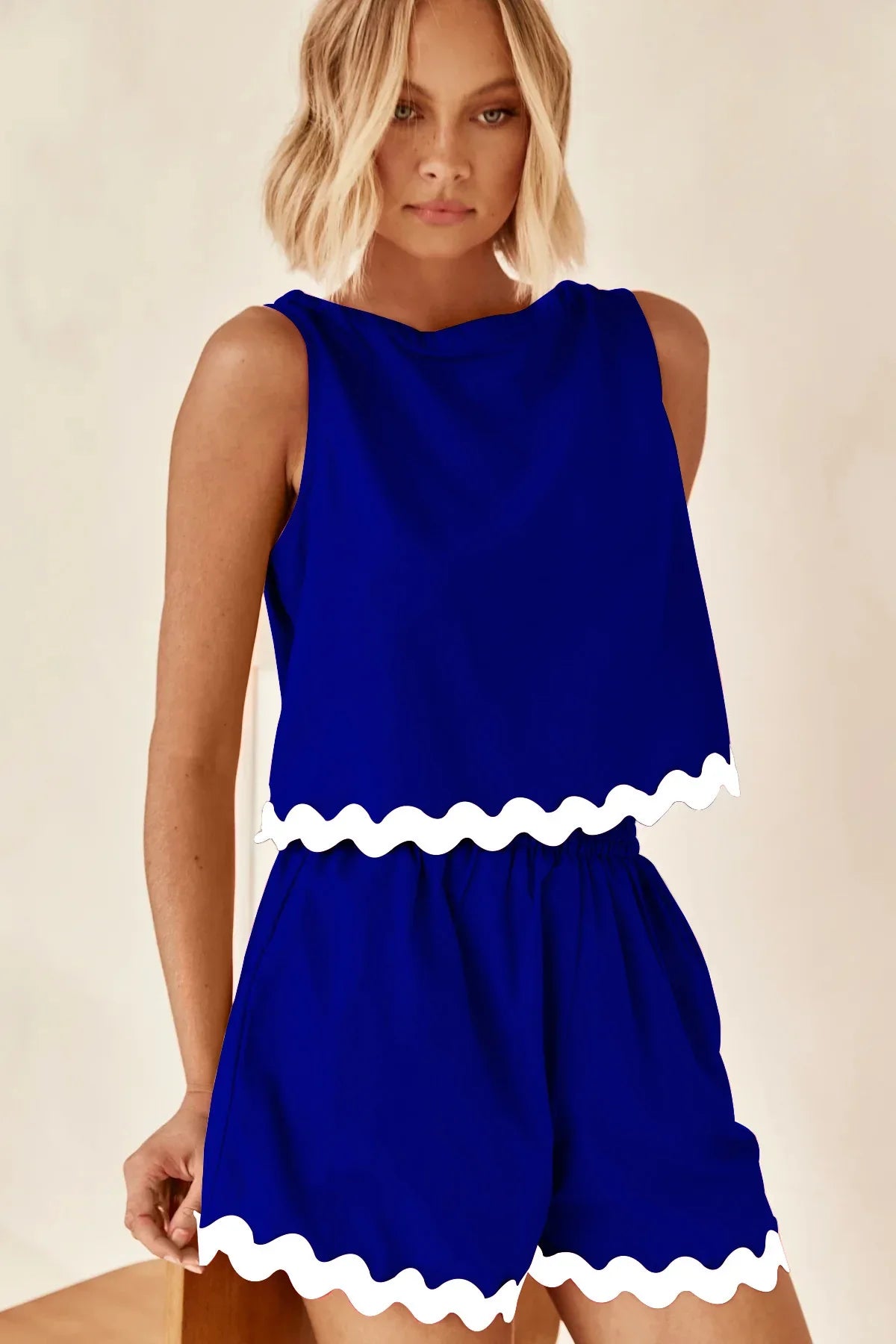 Wave Stripe Patchwork Tops High Waist Shorts Set