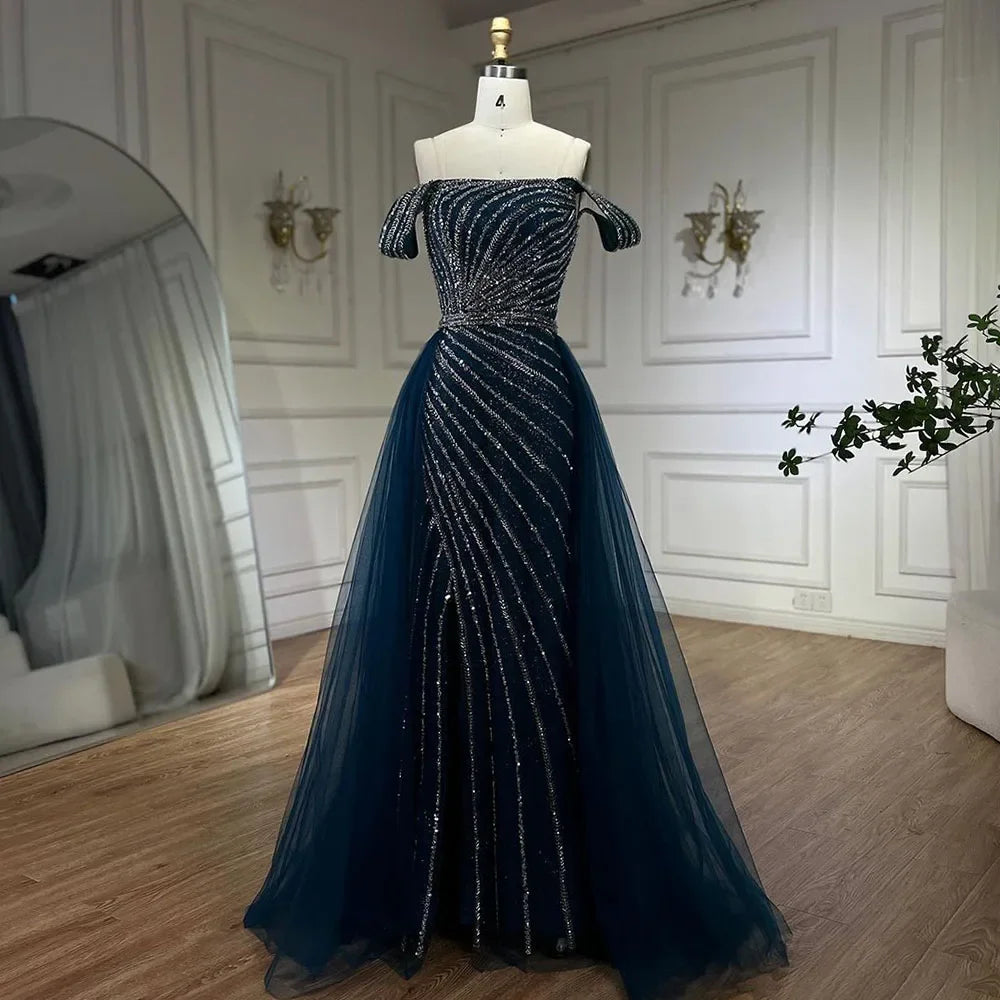 Boat Neck Split Mermaid Elegant Beaded Gowns