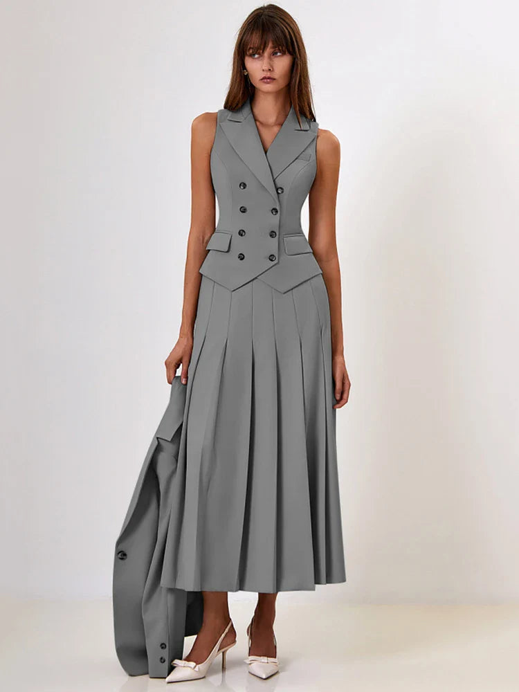 Notched Collar Pleated Skirt Suit Two Piece Sets