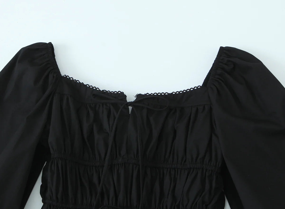 Bow Square Collar Puff Long Sleeve Elastic Waist Mini Dress