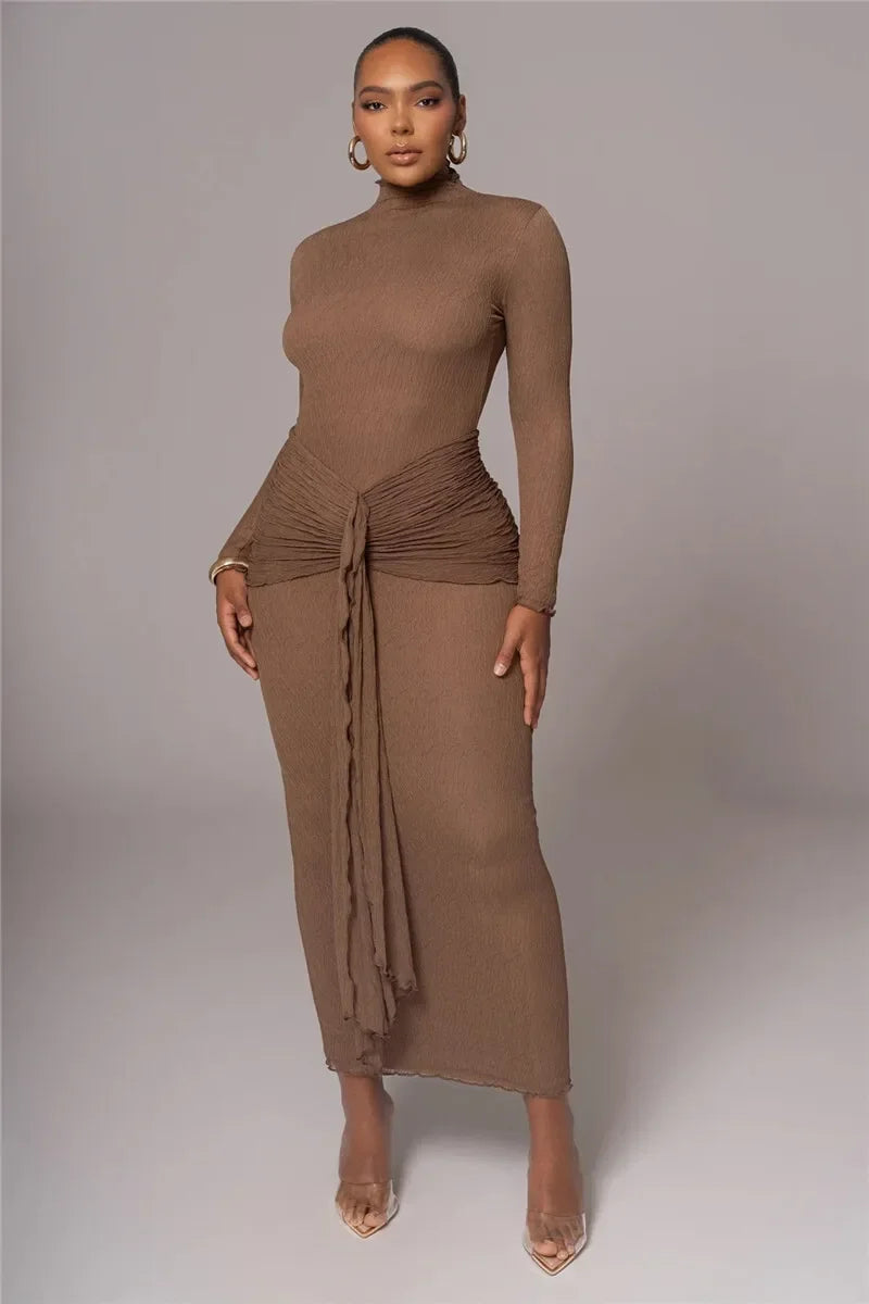 Long Sleeve Drape Turtleneck Maxi Dress