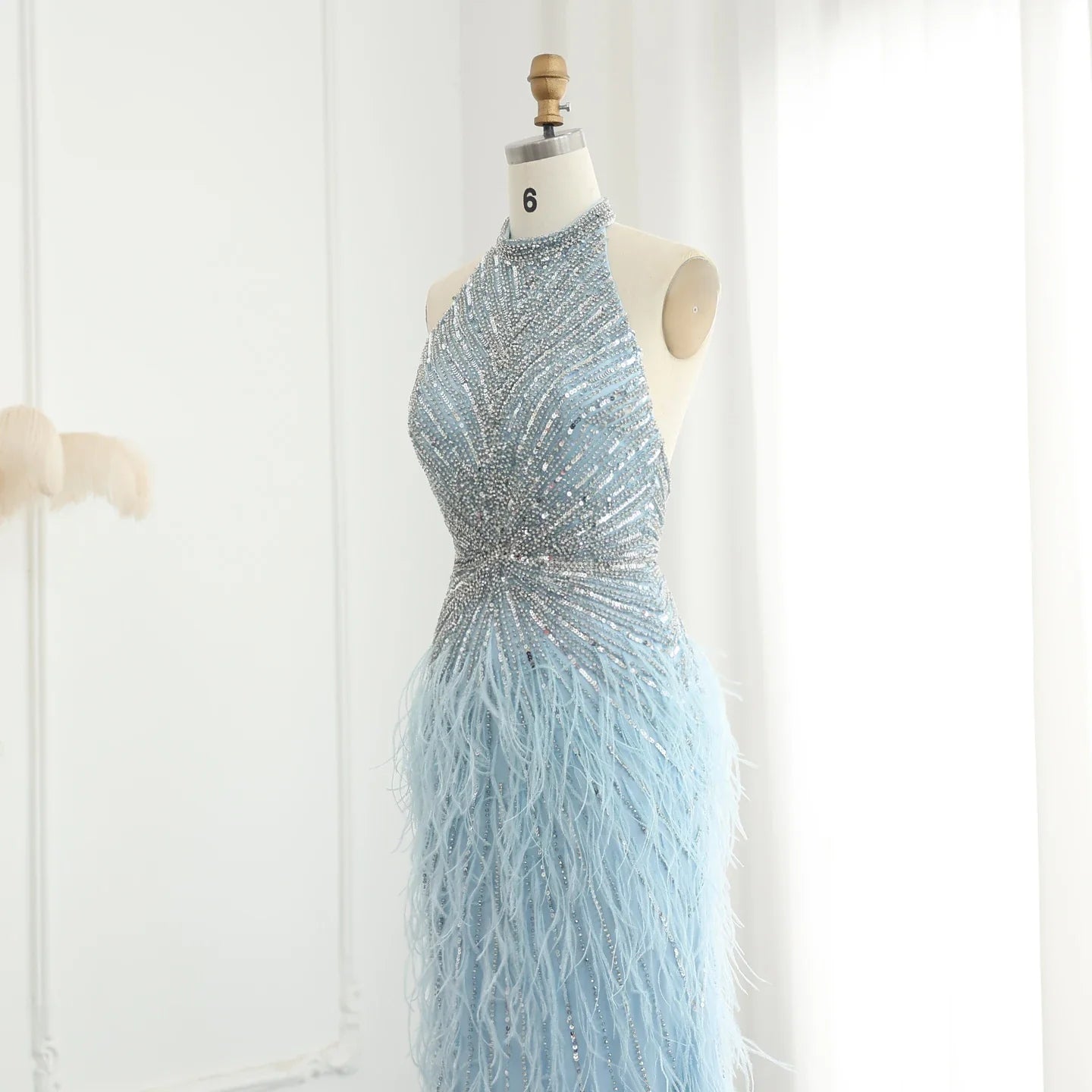 Beaded Feathers Mermaid Halter Backless Gown