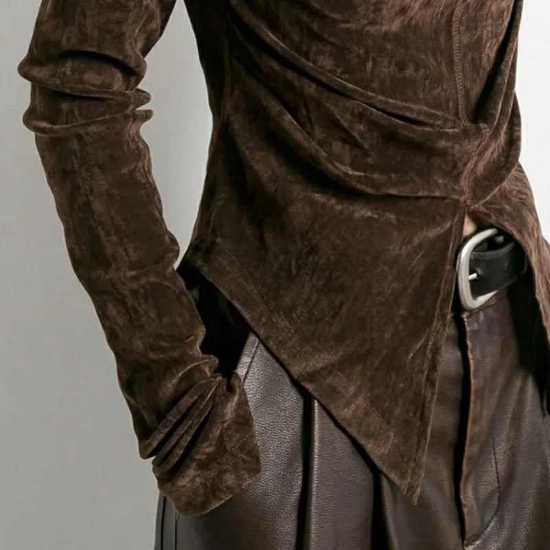 Front Side-slit Solid Color Soft Long Sleeve Top