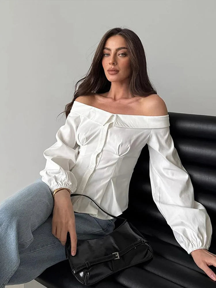 Off-Shoulder White Long Sleeved Blouse