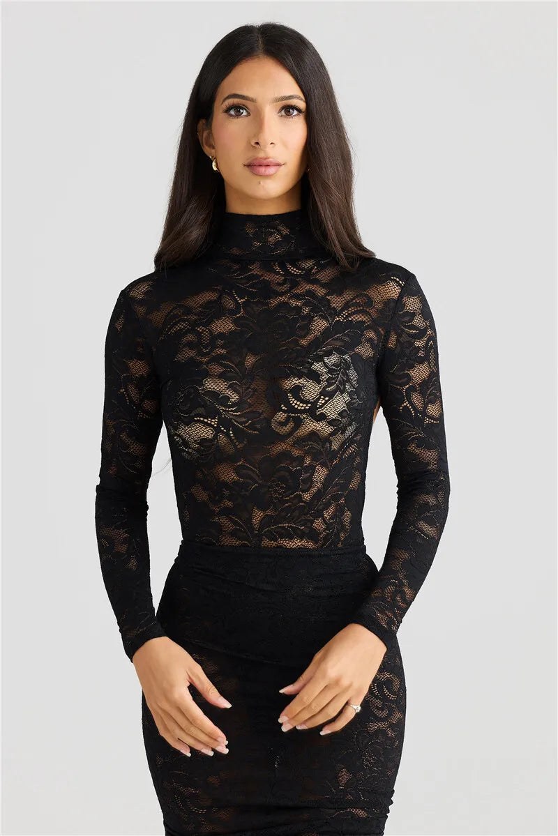 Turtleneck Top And Floral Split Long Skirt Sets