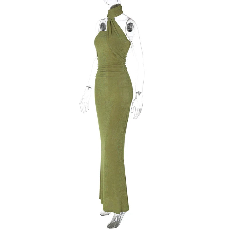 Halter Green Off-shoulder Backless Long Dress
