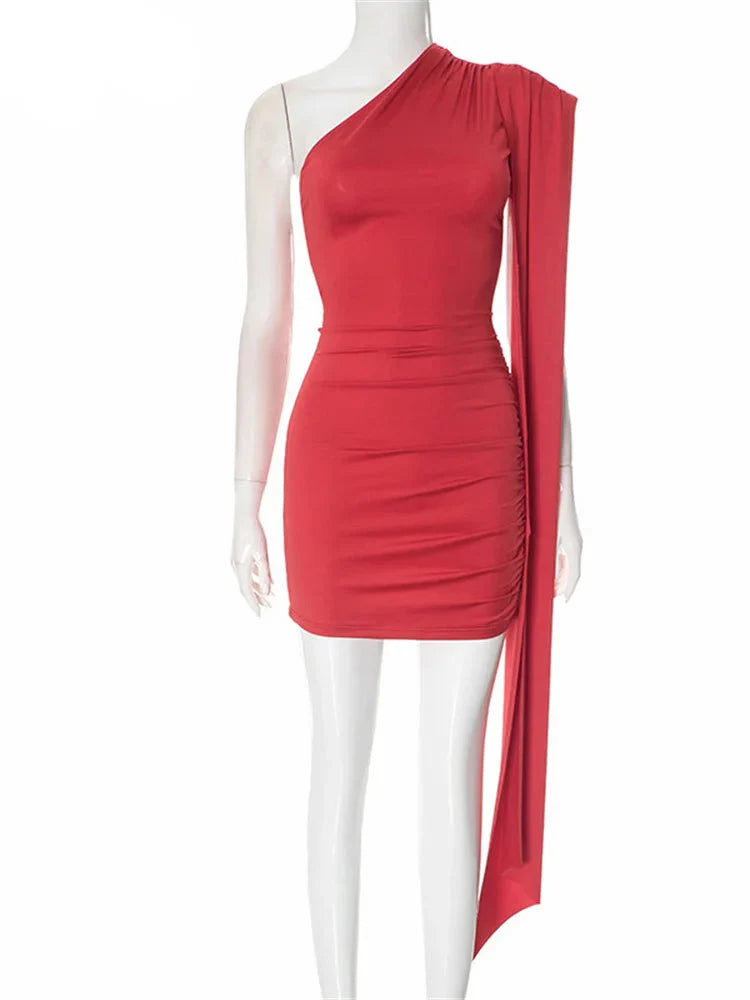 Red One-Shoulder Ribbon Mini Dress