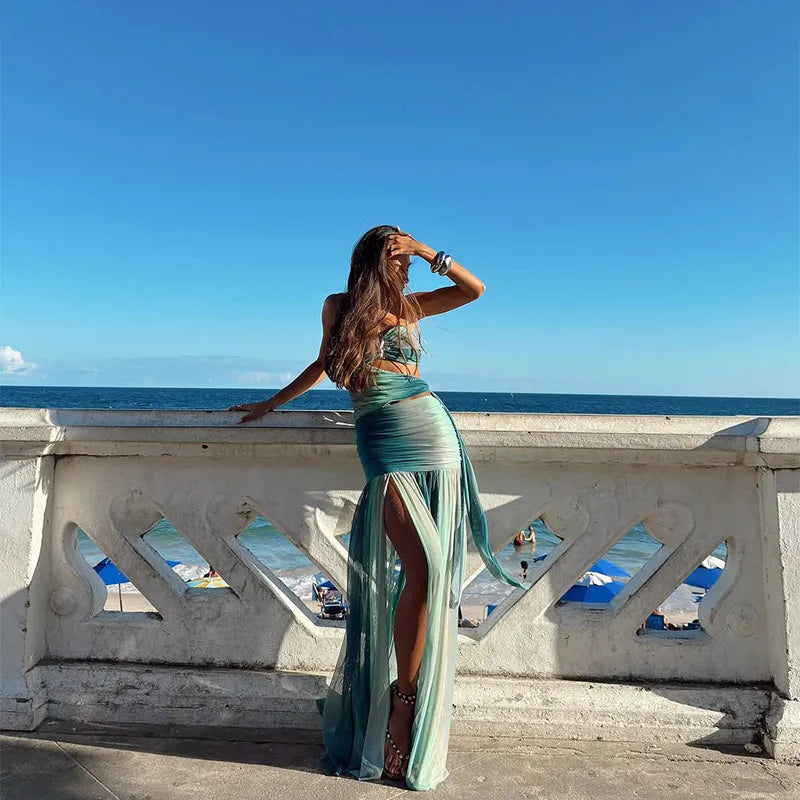 Printed Strapless Hollow Out Side Slit Long Dress