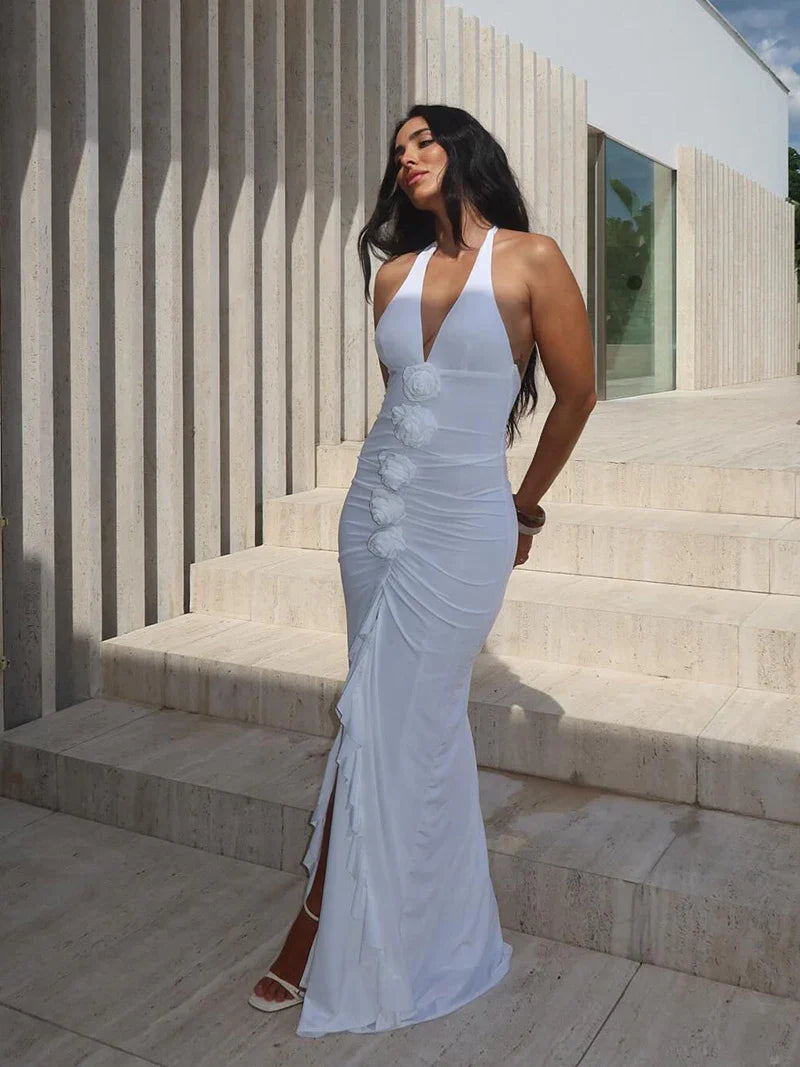 White Floral Halter Sleeveless Ruffled Long Dress