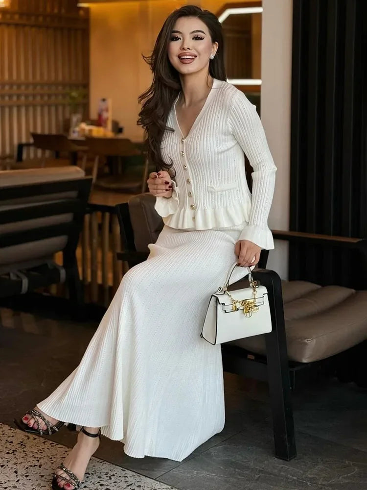 Ruffle Knitted Long Sleeve Mermaid Midi Dress