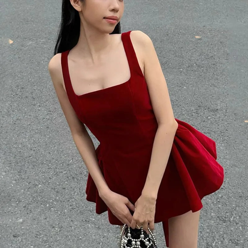 Red Bow Dress A Line Spaghetti Straps Backless