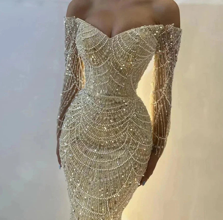 Mermaid Off the Shoulder Long Sleeves Pearls Formal Prom Gowns