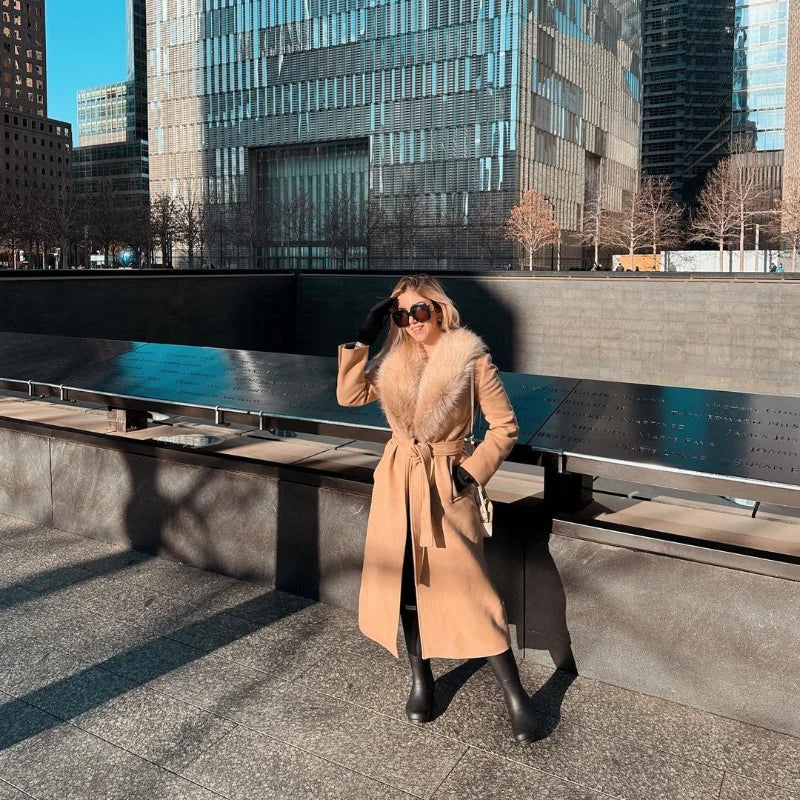 Wool Lace-Up Fur Lapel Thick Over Coat