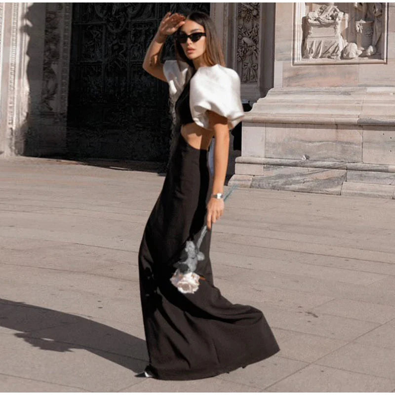 Patchwork Puff Sleeve Hollow Out Long Dress