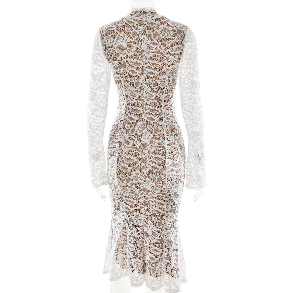 Lace White Long Sleeve Turtleneck Dress
