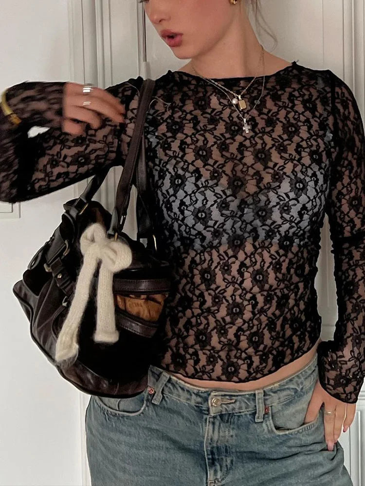 Long Sleeve See-Through Lace Crop Top for Women â€? Bodycon Party Wear