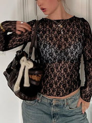 Long Sleeve See-Through Lace Crop Top for Women â€? Bodycon Party Wear