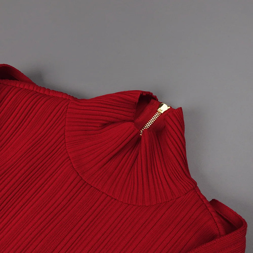 Red Bandage Turtle Neck Cross Design Long Dress