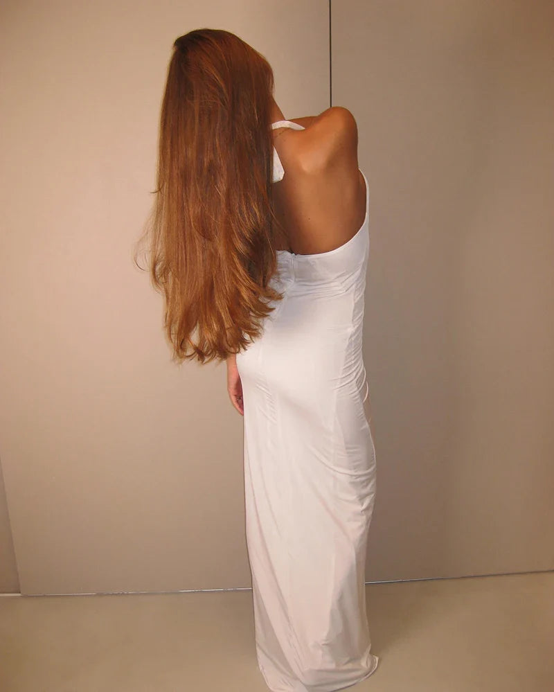 White Floral Halter Sleeveless Ruffled Long Dress