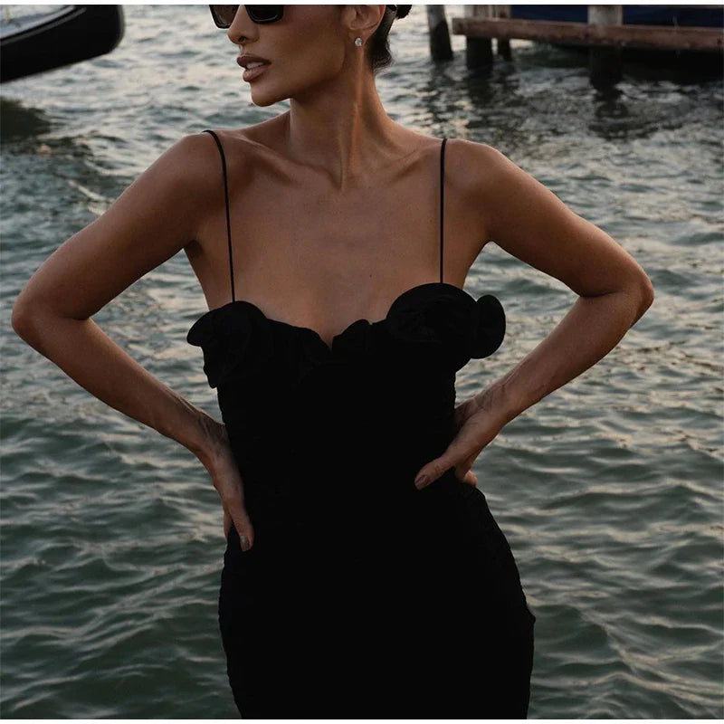 Sleeveless Black Ruffle Edge Bodycon Pleated Dress