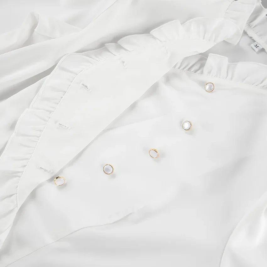 Women's White Ruffled Sleeve Cardigan Patchwork Blouse
