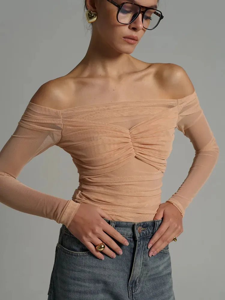 Mesh Off-shoulder Pleated Bust Strapless See Through Top