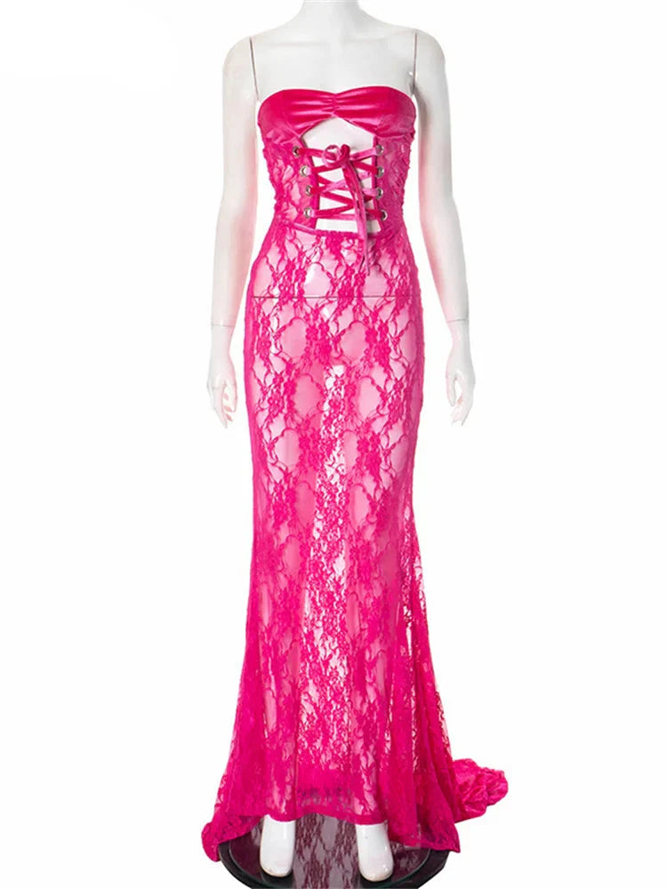 Lace Up Hollow Out Corset Tube Maxi Dress