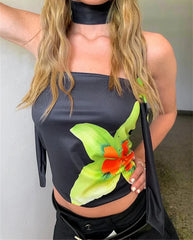 Ribbon Sleeveless Backless Floral Print Top
