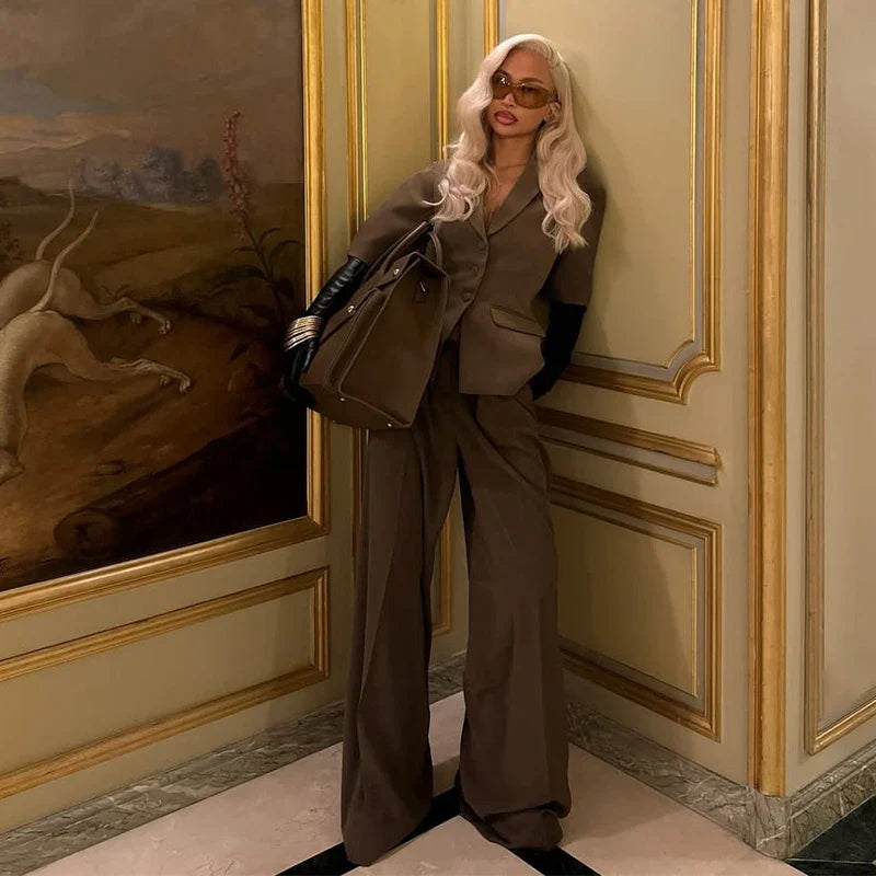 Solid Blazer Pants Set Wide Leg Trousers Outfit