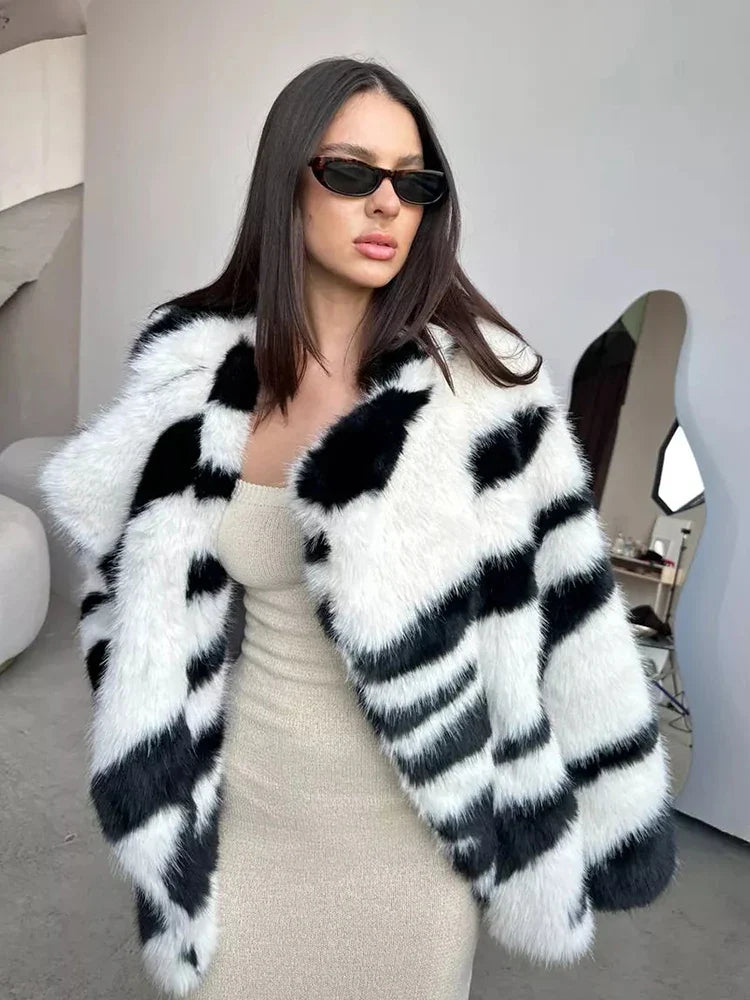 Large Lapel Pocket Zebra Print Thicken Fur Cardigan