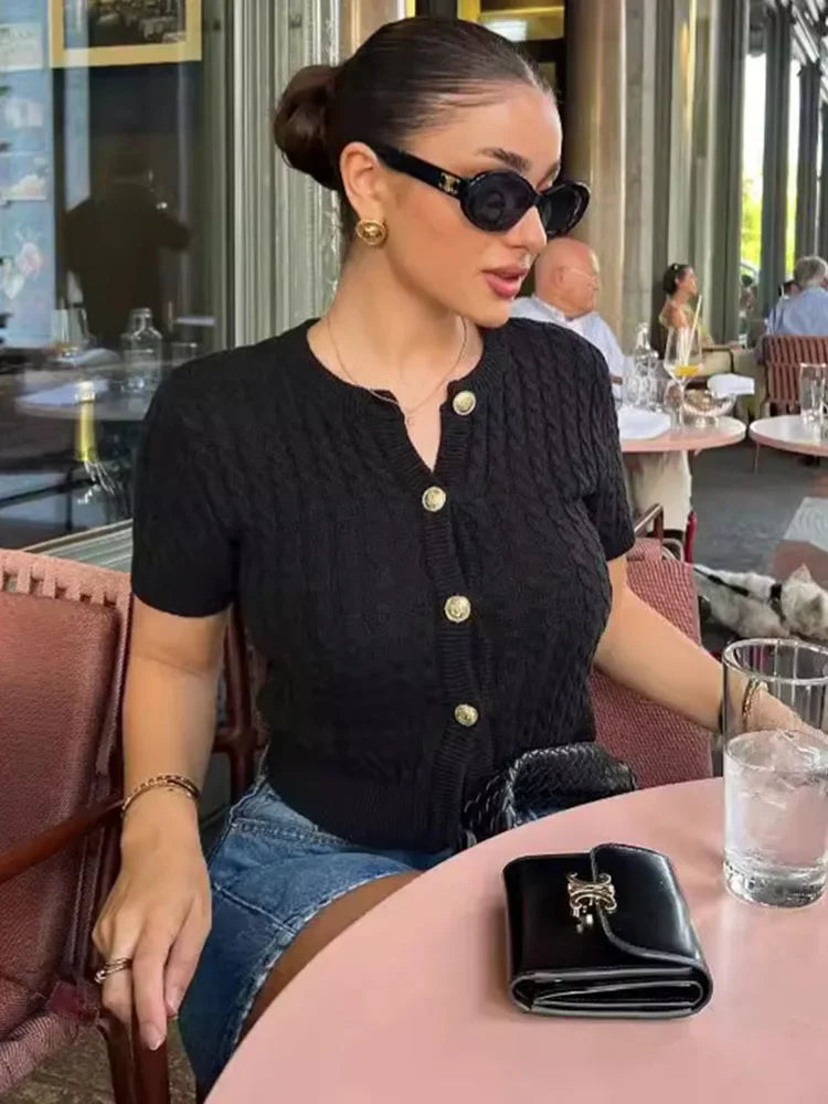 Twist Knitted Short Sleeve Sweater-Top