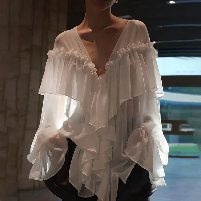 See Through Solid Long Sleeved Ruffles Tops