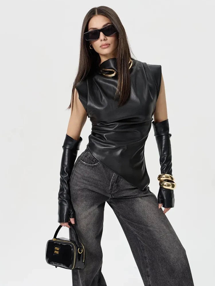 Faux Leather Folds Crop Tops With Gloves