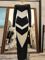 Slash Neck Gauze Patchwork Contrast Long Dress