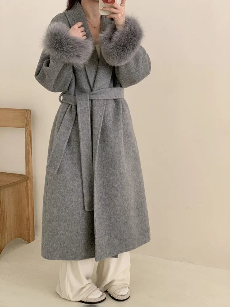 Lace-Up Fur Fluffy Lapel Long Sleeve Overcoat