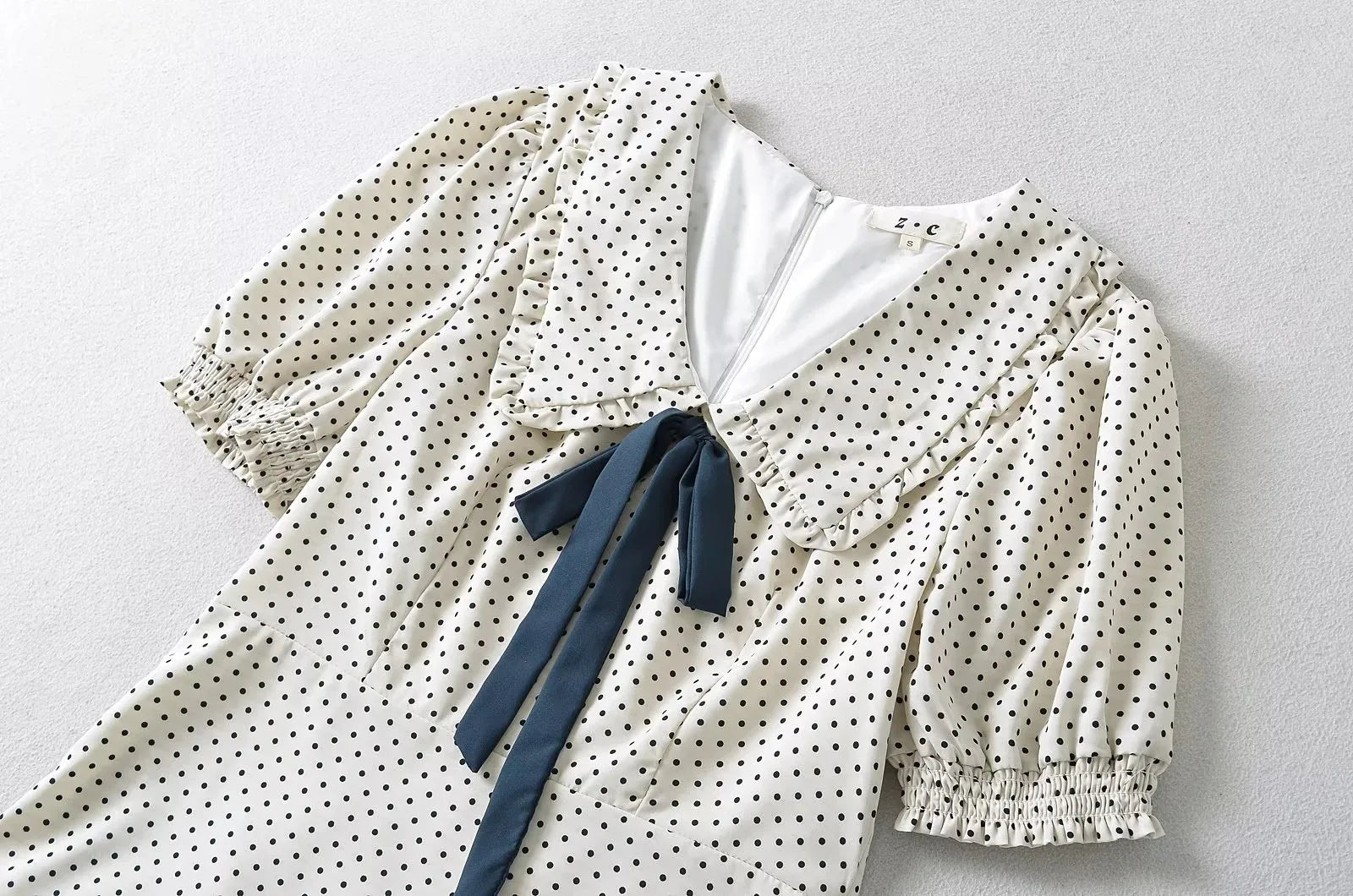 Short Puff Sleeve Bow Detail Dots Print Mini Dress