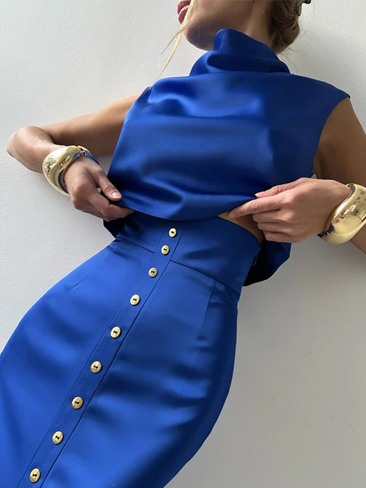Sleeveless Top Suit With Front Split Skirt