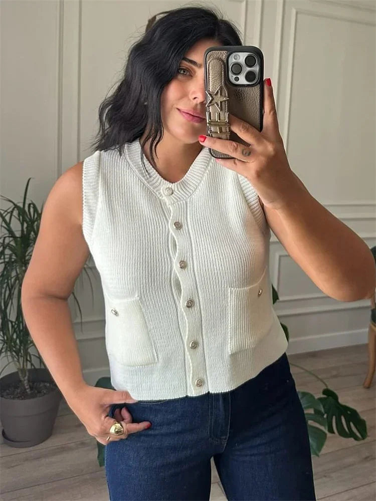 Sleeveless Pocket Solid Knit Cardigan