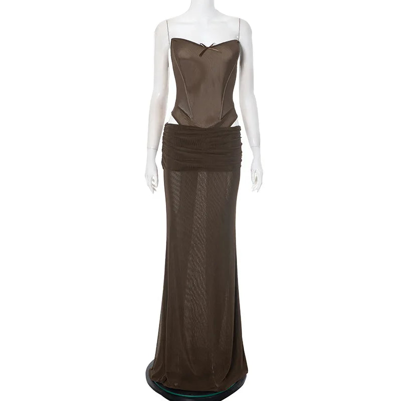 Brown Backless Corset Top Long Skirt Set