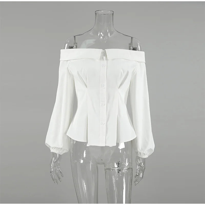 Off-Shoulder White Long Sleeved Blouse