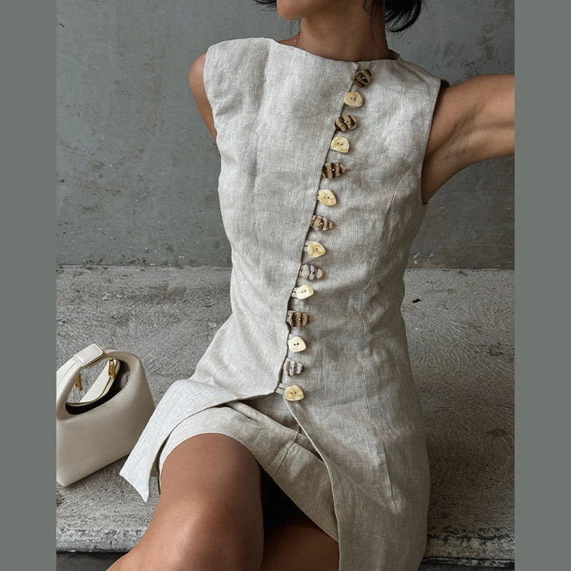 Sleeveless Front Buttoned Top and Mini Skirt Set