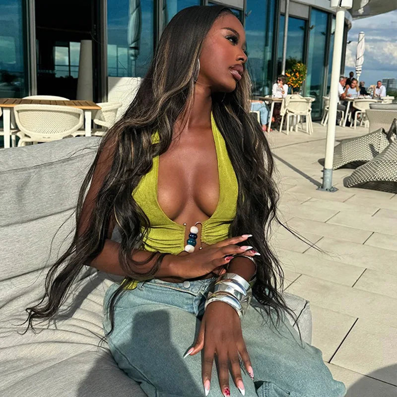 Beaded Deep V Halter Top