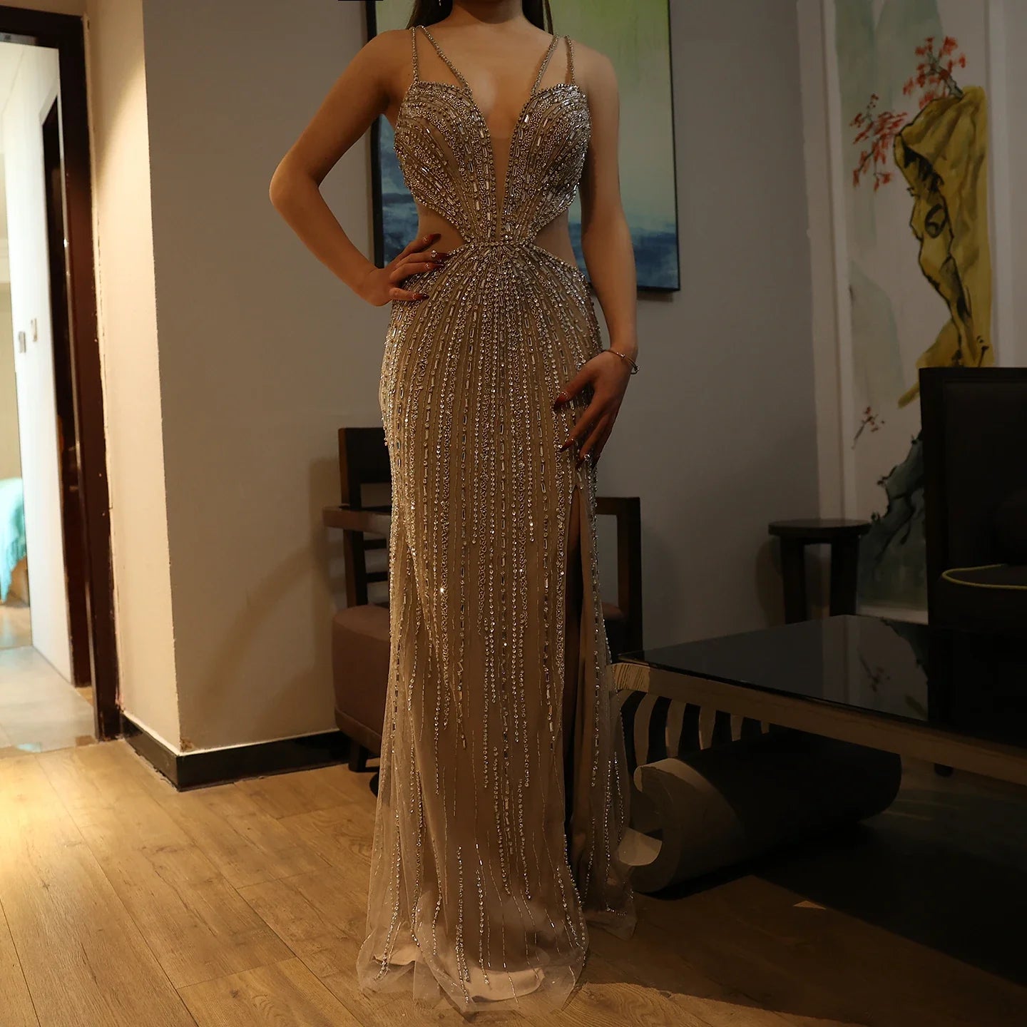Blue Mermaid Evening Gown with High Slit