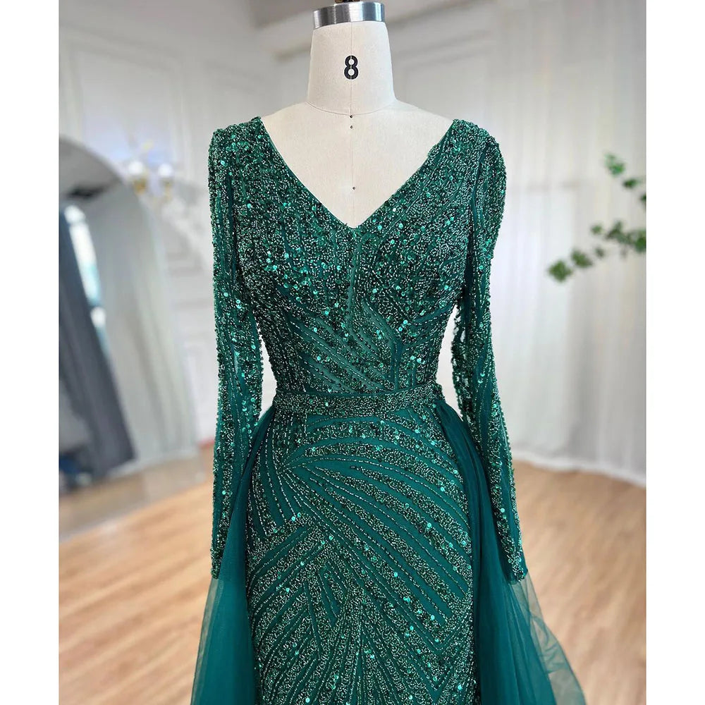 Blue Mermaid Beaded Long Sleeves Evening Gown