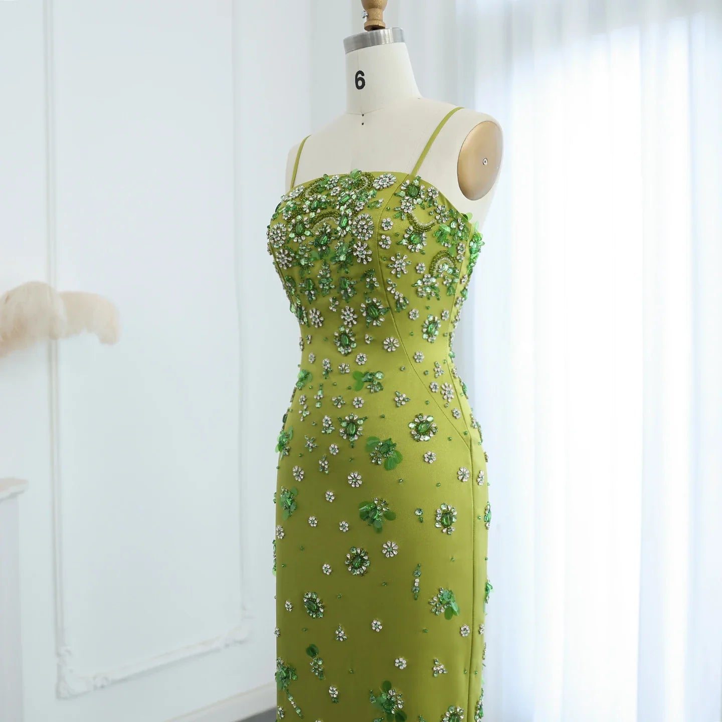 3D Floral Beaded Spaghetti Straps Sheath Wedding Gown